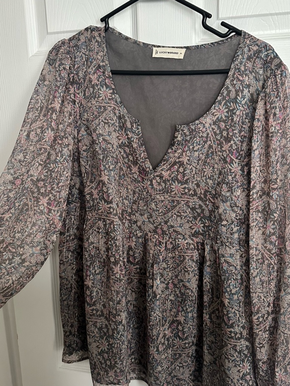 Lucky Brand Floral Boho Long Sleeve Dress in Taupe, Pink and Blue